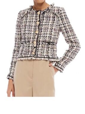 Walter Baker Baca Frayed Tweed Jacket With Faux Leather Trim, S